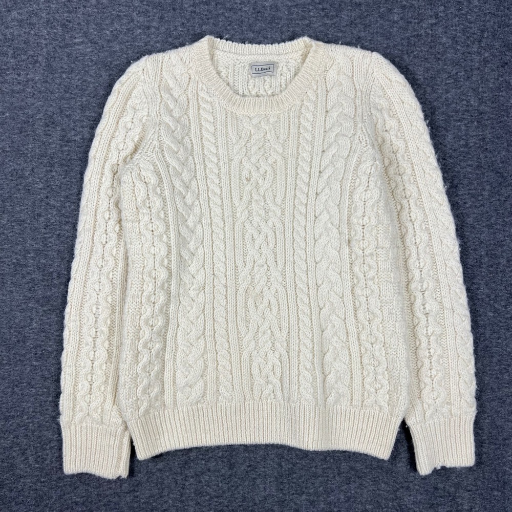 L.L. Bean Fisherman Cable Knit Sweater Women Small Cream Wool Made in Ireland